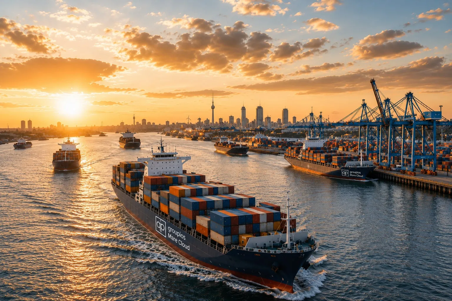 Containerhafen bei Sonnenuntergang